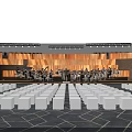 Orchestra Performance On Stage With Wooden Backdrop Bright Lighting And Arranged Seats