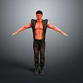A Shirtless Man Wearing Black Sleeveless Vest And Pants With Arms Outstretched Against Gray Background