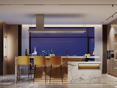 Modern Kitchen Interior With Marble Island Yellow Bar Stools And Night View 3d model