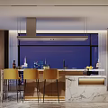 Modern Kitchen Interior With Marble Island Yellow Bar Stools And Night View