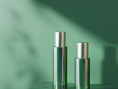 Perfume Cosmetics Green Bottles With Silver Caps Modern Design Against Green Background Light Shadow Effects 3d model