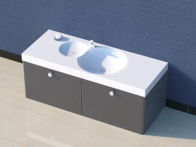 Modern Bathroom Vanity with White Countertop Double Basin Sinks Gray Cabinet and Blue Wall 3d model