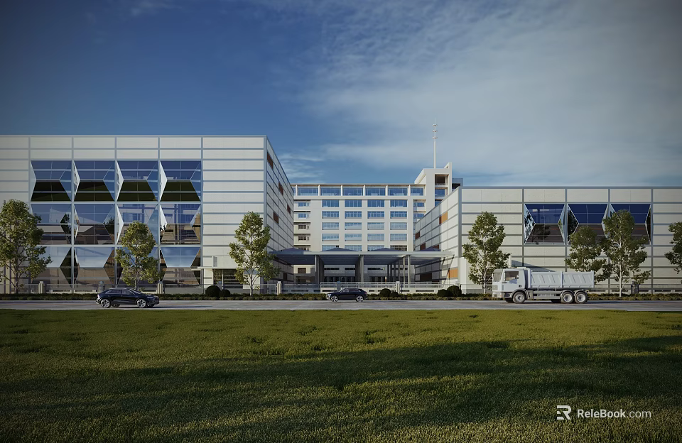 Modern Multi Storey Office Building With Glass Facade Surrounded By Trees Lawn And Vehicles 3d model 