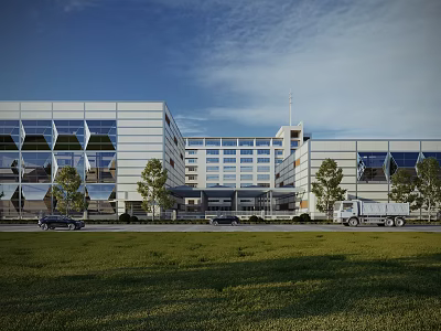 Modern Multi Storey Office Building With Glass Facade Surrounded By Trees Lawn And Vehicles 3d model