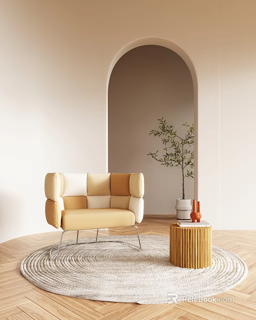 Beige White Brown Patchwork Single Sofa With Modern Armrest Arched Doorway Olive Tree Round Rug 3d model