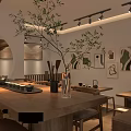 Traditional Tea House Interior With Wooden Tables Decorative Paintings And Green Plants