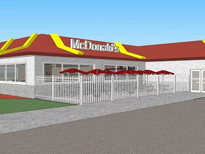 Commercial Complex Featuring McDonald's Restaurant With Red Roof Yellow Signage White Fence And Red Umbrellas 3d model