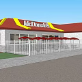 Commercial Complex Featuring McDonald's Restaurant With Red Roof Yellow Signage White Fence And Red Umbrellas