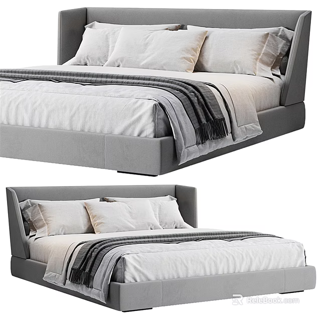 Modern Double Bed With Gray Headboard White Bed Linens Pillows And Striped Blanket 3d model 