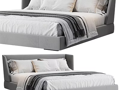 Modern Double Bed With Gray Headboard White Bed Linens Pillows And Striped Blanket 3d model
