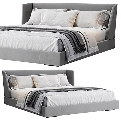 Modern Double Bed With Gray Headboard White Bed Linens Pillows And Striped Blanket 3d model