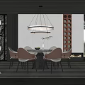 Modern Restaurant Interior With Round Dining Table Brown Chairs And Circular Pendant Lights