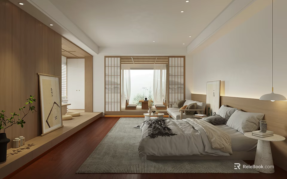 Japanese Style Apartment Bedroom With Wooden Sliding Doors Tatami Area Large Bed And Natural Light 3d model 