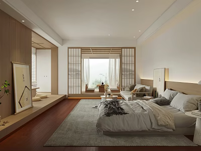 Japanese Style Apartment Bedroom With Wooden Sliding Doors Tatami Area Large Bed And Natural Light 3d model