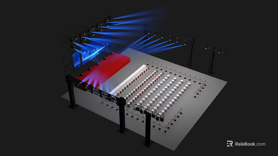 Event Stage Design With Blue Lighting Red Carpet And Organized Seating 3d model 