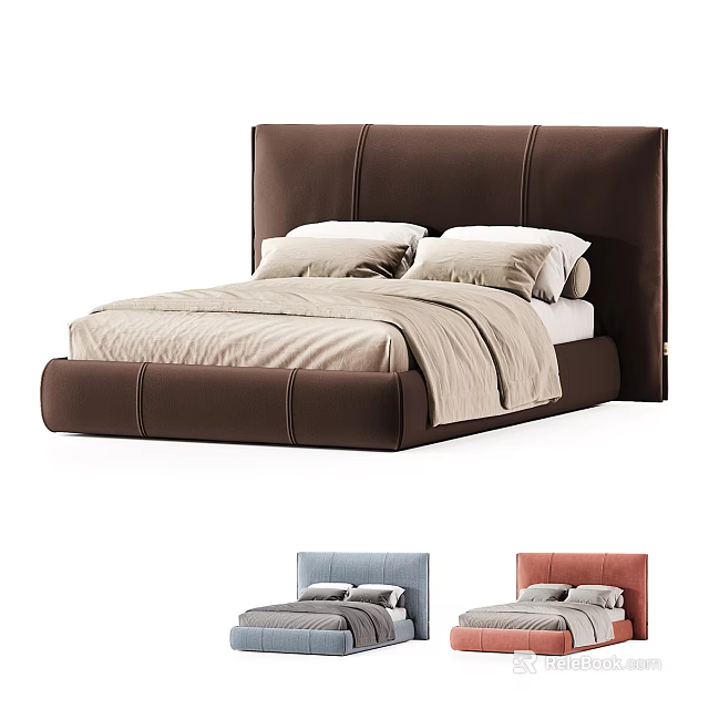 Modern Double Bed With Brown Leather Headboard And Light Colored Bed Sheets 3d model