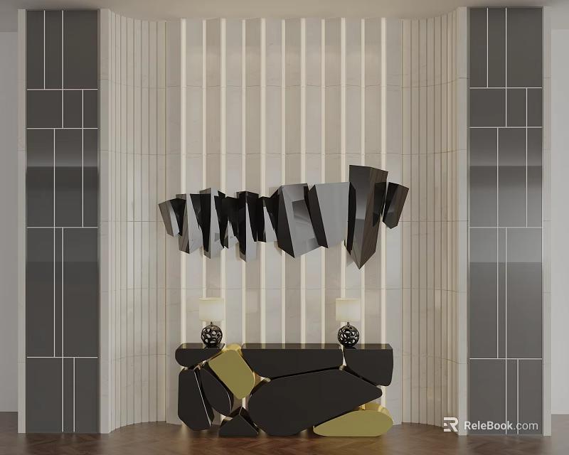 Modern Interior With Curved Striped Wall Abstract Black Gold Sculpture And Console Table 3d model 