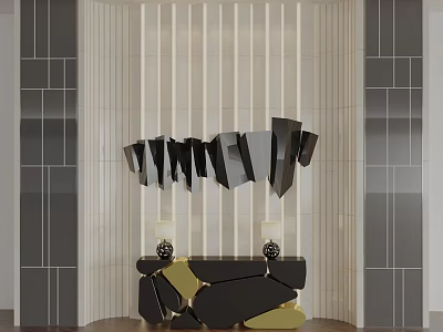 Modern Interior With Curved Striped Wall Abstract Black Gold Sculpture And Console Table 3d model