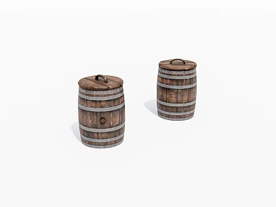 Vintage Rustic Lidded Wooden Barrels with Metal Bands for Home Decor 3d model