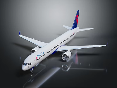 Delta Air Lines Airplane Model White Body Red Blue Tail On Glossy Surface 3d model