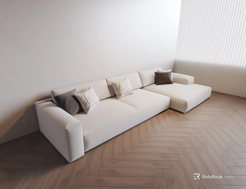 Stylish White Sectional Sofa With Gray Beige Throw Pillows On Herringbone Wooden Floor 3d model 