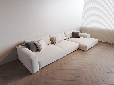 Stylish White Sectional Sofa With Gray Beige Throw Pillows On Herringbone Wooden Floor 3d model