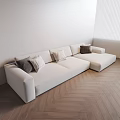 Stylish White Sectional Sofa With Gray Beige Throw Pillows On Herringbone Wooden Floor