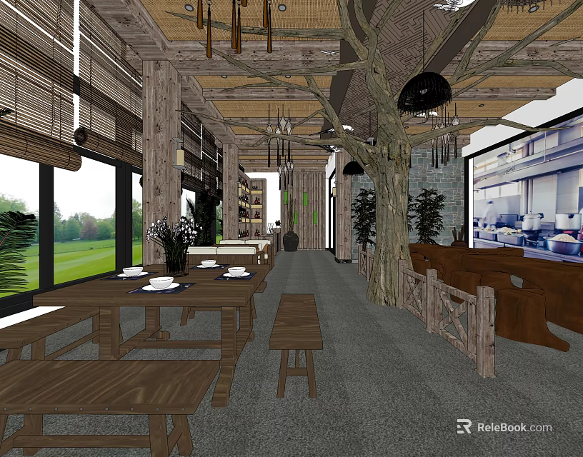 Rustic Restaurant Interior With Wooden Tables Bamboo Blinds Tree Decorations And Large Screen 3d model 