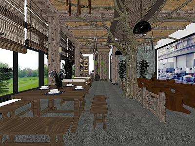 Rustic Restaurant Interior With Wooden Tables Bamboo Blinds Tree Decorations And Large Screen 3d model