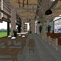 Rustic Restaurant Interior With Wooden Tables Bamboo Blinds Tree Decorations And Large Screen 3d model