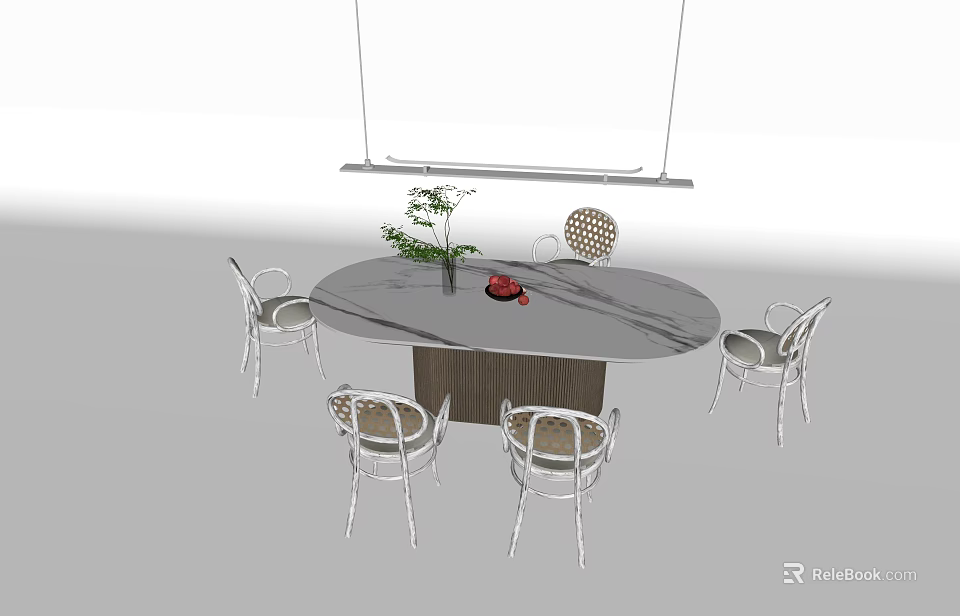 Round Marble Top Dining Table Set with Four Modern Chairs Vase Greenery and Hanging Light 3d model