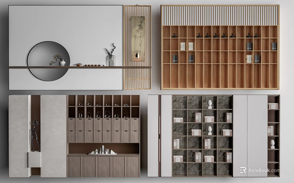 Modern Entryway And Side Cabinets With Wooden Shelves And Decorative 3d model 