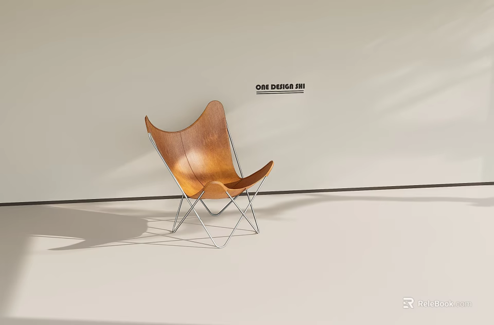 Brown Leather Single Chair With Metal Frame Modern Minimalist Interior Design 3d model 