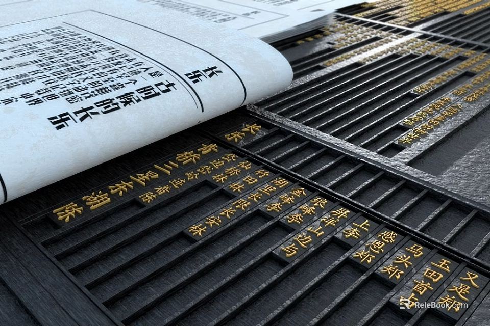 Ancient Chinese Movable Type Printing With Wooden Characters And Paper Scroll 3d model 