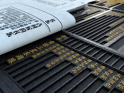 Ancient Chinese Movable Type Printing With Wooden Characters And Paper Scroll 3d model