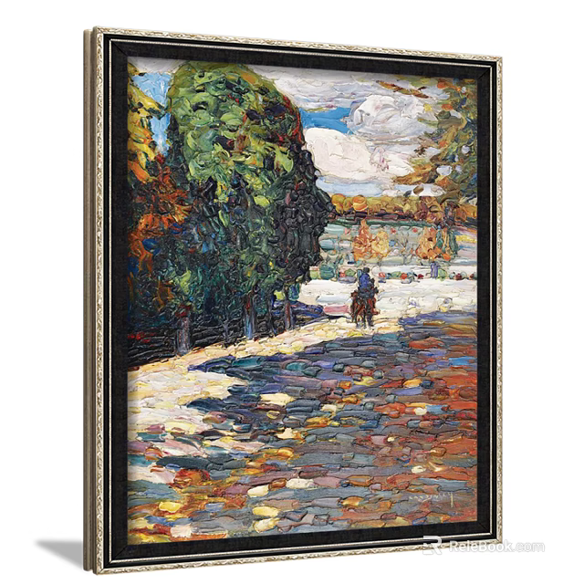 Sunlit Landscape Painting With Cobblestone Path Person On Horseback Green Trees And Blue Sky 3d model 
