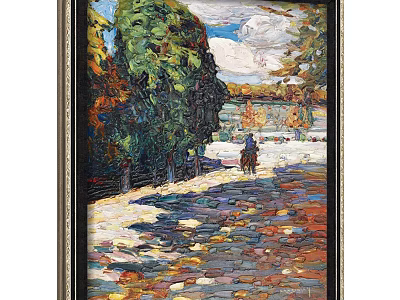 Sunlit Landscape Painting With Cobblestone Path Person On Horseback Green Trees And Blue Sky 3d model