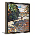 Sunlit Landscape Painting With Cobblestone Path Person On Horseback Green Trees And Blue Sky