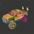 Orange Monster Truck With Large Tires And White Pointed Objects On Roof