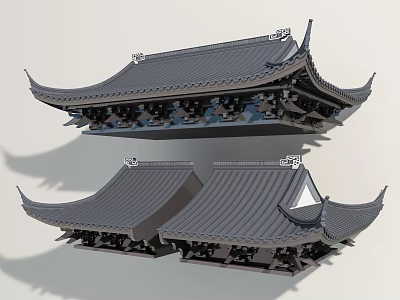 Traditional Chinese Architectural Components With Curved Eaves Gray Tiles And Wooden Brackets 3d model