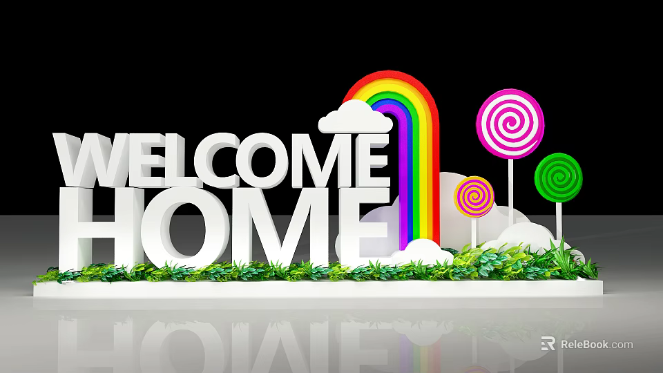 Welcome Home Sign With Rainbow Clouds And Colorful Lollipops Near Green Plants 3d model 