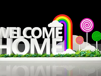 Welcome Home Sign With Rainbow Clouds And Colorful Lollipops Near Green Plants 3d model
