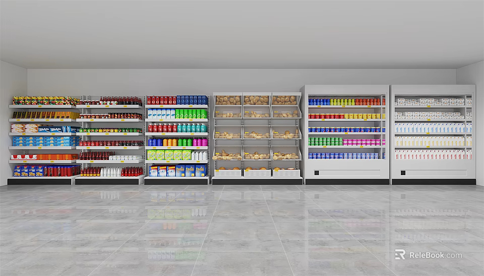 Well Organized Display Shelves With Various Colorful Products In Retail Store 3d model 