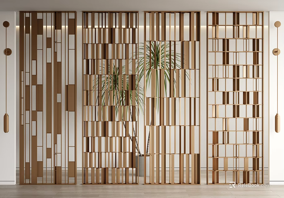 Modern Wooden Room Divider With Geometric Striped Design For Stylish Interior Space And Plants 3d model 