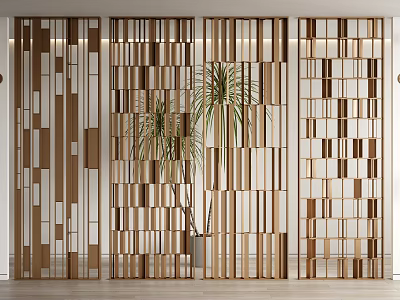 Modern Wooden Room Divider With Geometric Striped Design For Stylish Interior Space And Plants 3d model