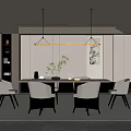 Modern Restaurant Interior With Dining Table Chairs Pendant Lights And Decorative Artwork 3d model