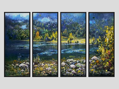 Four Panel Oil Paintings Depicting Natural Landscape With Lake Trees Rocks and Sky 3d model