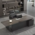 Modern Office Interior With Wooden Desk Black Leather Chair Bookshelf Table Lamp And Rug