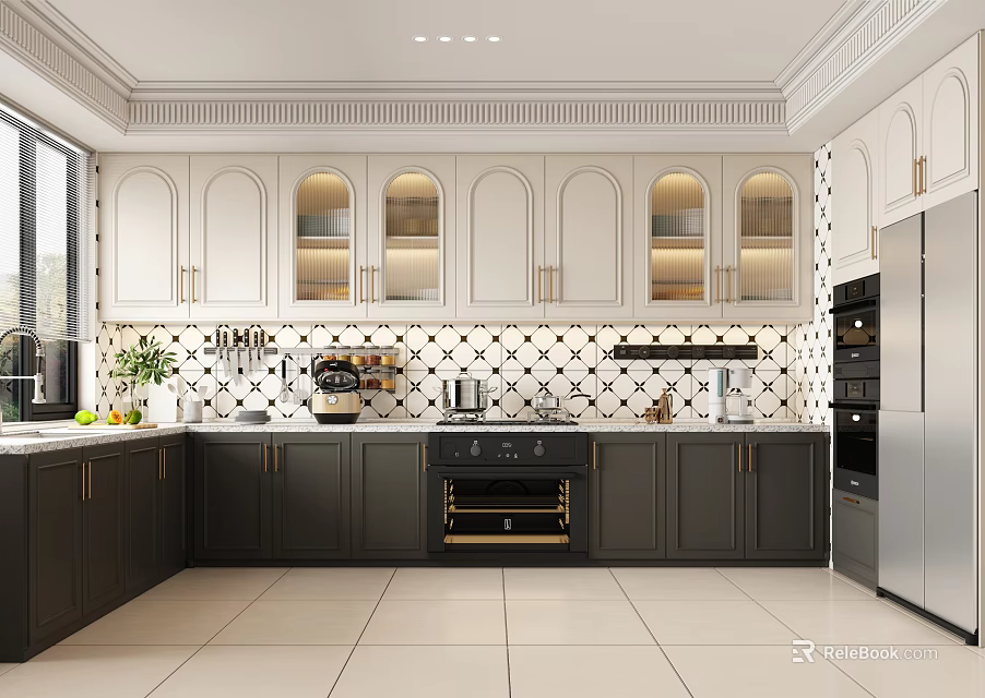 Modern Kitchen Interior With White Upper Cabinets Dark Lower Cabinets And Black White Patterned Backsplash 3d model 