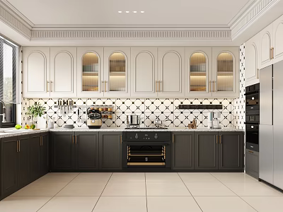 Modern Kitchen Interior With White Upper Cabinets Dark Lower Cabinets And Black White Patterned Backsplash 3d model